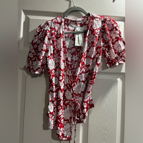 Mango new floral red print frill tie blouse size xs - Picture 4 of 8
